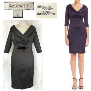 Kay Unger SZ 10 Black Satin Portrait Shawl Collar Half Sleeve Cocktail Dress EUC